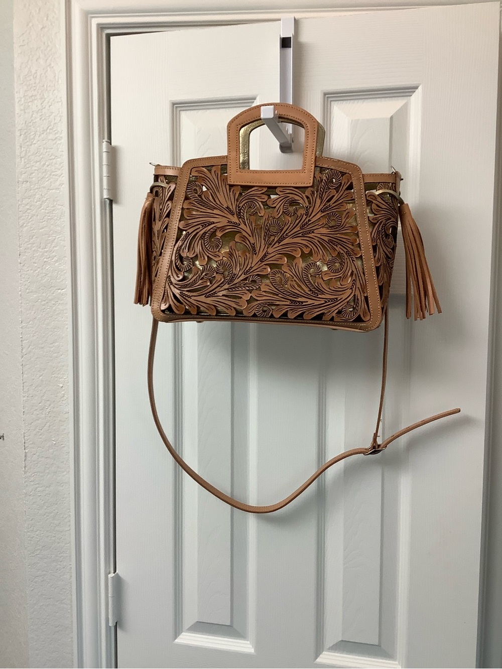 Tan Floral Tooled Leather Crossbody Bag with Tassel Accents - Picture 2 of 11